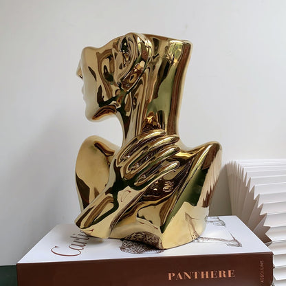 FUNSOBA Ceramics Statue Flower Vase Face Pots Bust Head Shaped for Birthday Gifts Home Office Decoration (Gold)