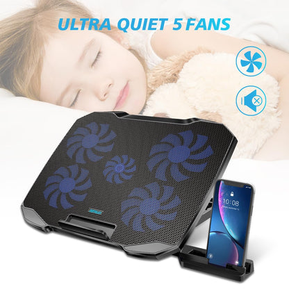 AIMIUZI Laptop Cooling Pad Laptop Cooler Stand, Laptop Fan Cooling Pad for 12-15.6 Inch Laptop Notebooks, 5 Quiet Fans, 5 Angle Adjustable Laptop Cooling Stand (Black)