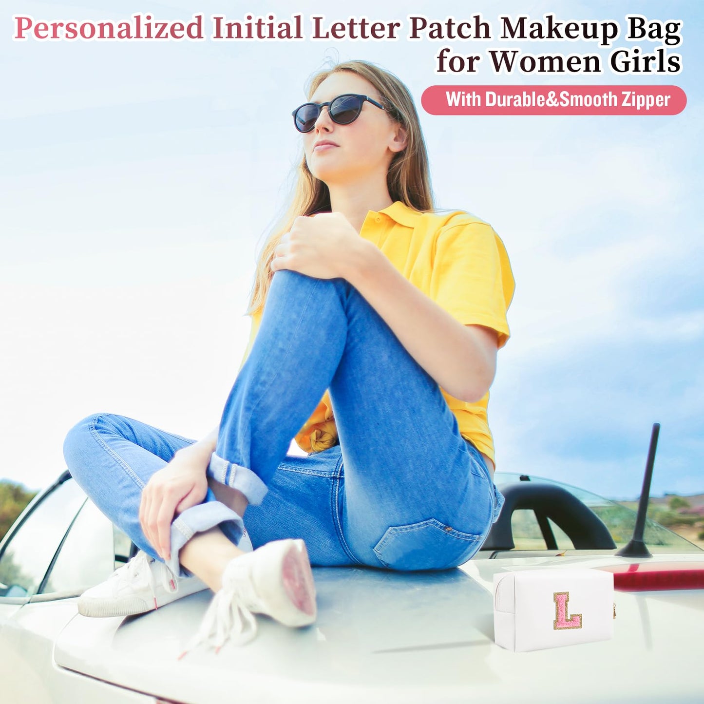 Personalized Initial Patch Makeup Bag, Preppy Portable Chenille Letter Cosmetic Bag With Zipper, PU Leather Waterproof Travel Toiletry Bag Monogram Make Up Pouch for Women Girls (Letter L)