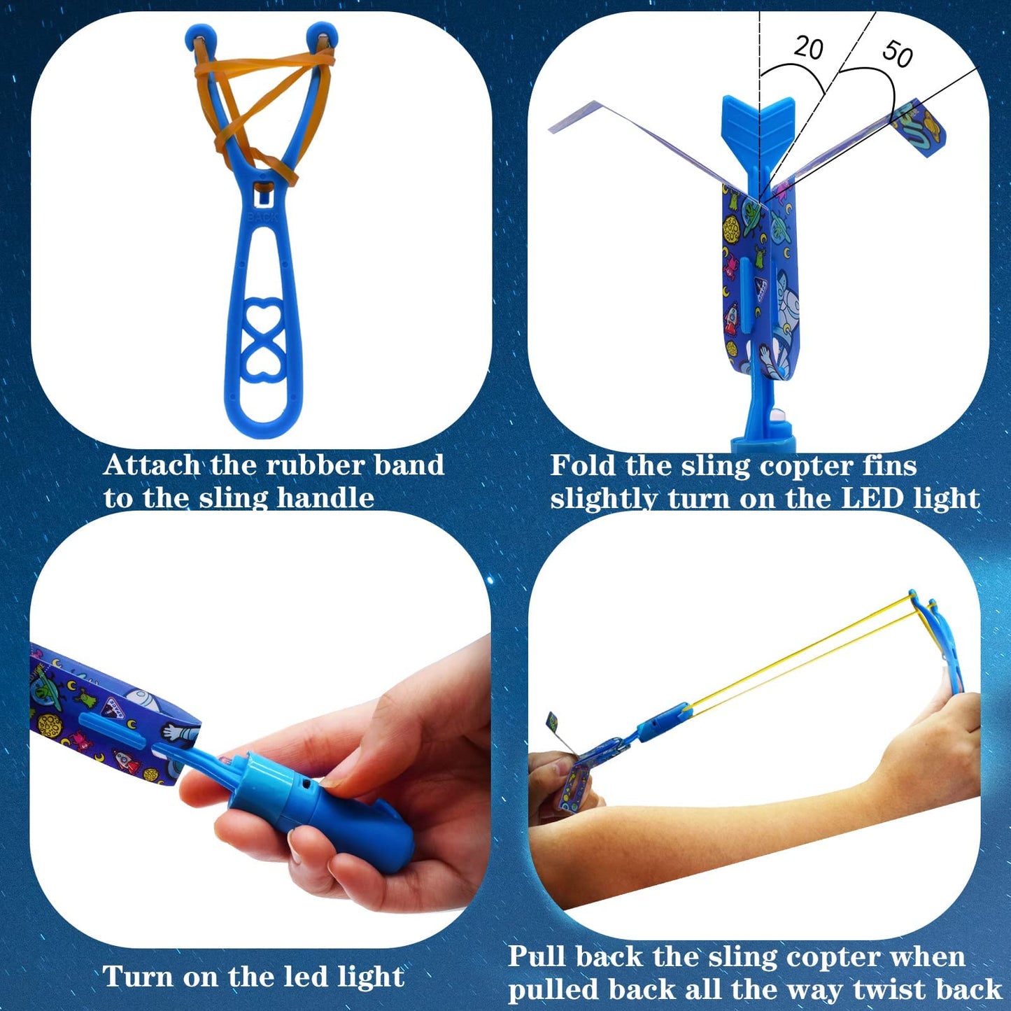 JX Rocket Slingshot Flying Toys with Led Lights,12Pcs LED Arrow Helicopters + 12Pcs Launchers,Summer Outdoor Game LED Slingshot Toy for Kids, Glow in The Dark Kids Party Supplies