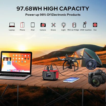 Portable Power Station, 97Wh Solar Generator, Lithium Battery Power with 110V AC 150W Peak Socket/DC/USB QC3.0/LED Light for Outdoor Camping Trip Home Backup Emergency