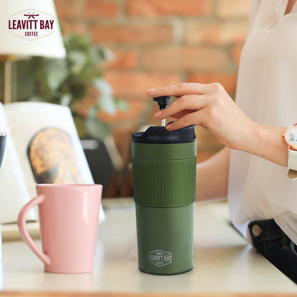 Portable French Press Travel Mug – Insulated Stainless Steel French Press Mug for Hot or Cold Brew – Durable Travel Coffee Maker – On-the-Go Tea & Coffee Maker (Army Green)