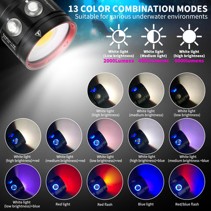 LetonPower Diving Flashlight, L12 8000Lumens Dive Light,100m Underwater Video Light, Scuba Dive Lights, Underwater Flashlight with Type-C Charging for Professional Under Water Sports