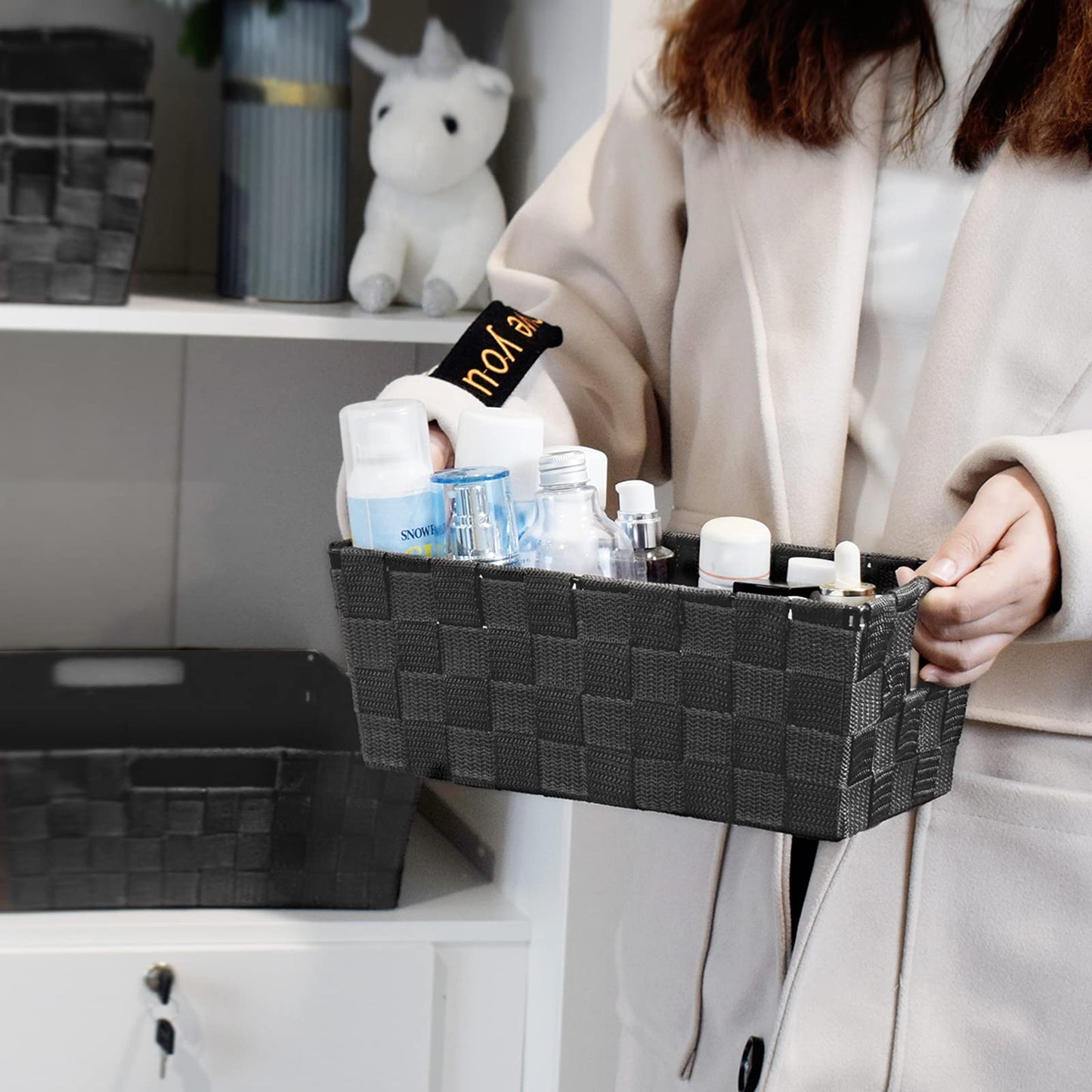 homyfort Woven Shelf Storage Tote Basket Bins Container, Storage Boxes Cube Organizer with Built-in Handles for Bedroom, Office, Closet, Clothes, Kids Room, Nursery 3pk(Grey)