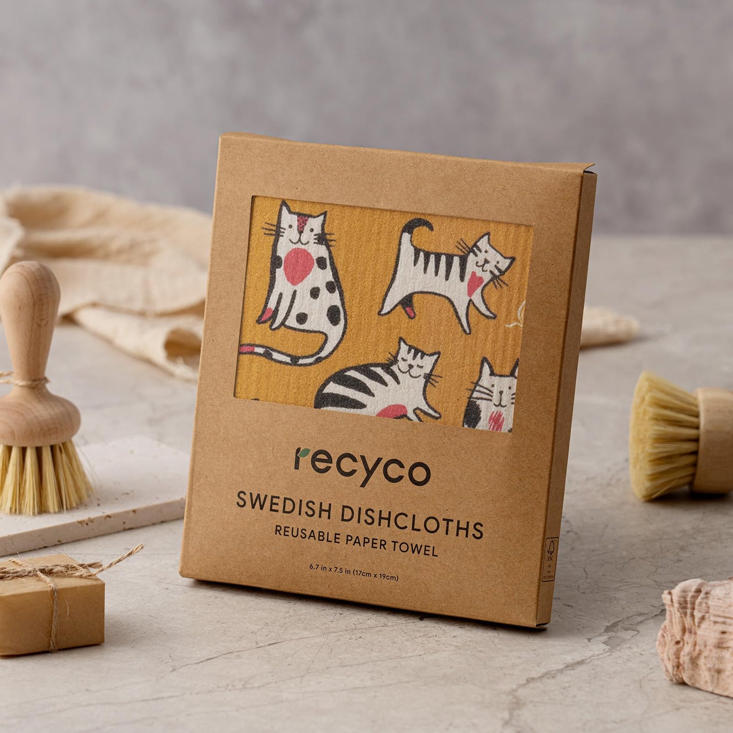 RECYCO Swedish Dishcloths for Kitchen | 6 Pack Cuddly Cats Washable Dish Rags | Cellulose Reusable Cleaning Paper Towels | Absorbent Counter Dish Cloth Sponge Kitchen Wipes, 8" L x 7" W