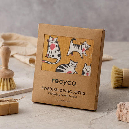 RECYCO Swedish Dishcloths for Kitchen | 6 Pack Cuddly Cats Washable Dish Rags | Cellulose Reusable Cleaning Paper Towels | Absorbent Counter Dish Cloth Sponge Kitchen Wipes, 8" L x 7" W