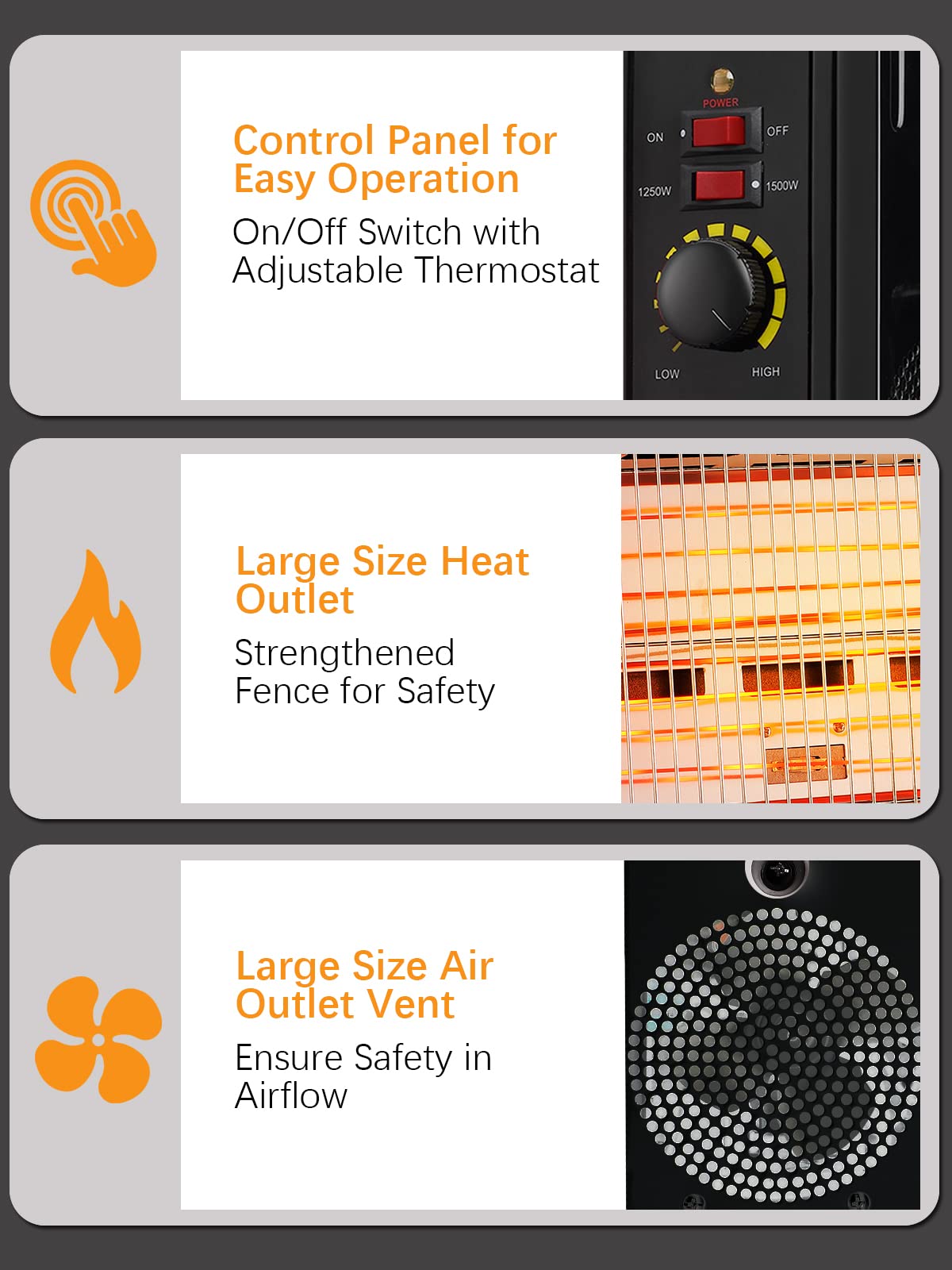 JASUN Portable Space Heater Electric Radiant Heater Fast Heating with Adjustable Thermostat, Portable Indoor Heater with Handle Quiet Energy-Saving 1250W/1500W for Office Home Garage Bedroom Black