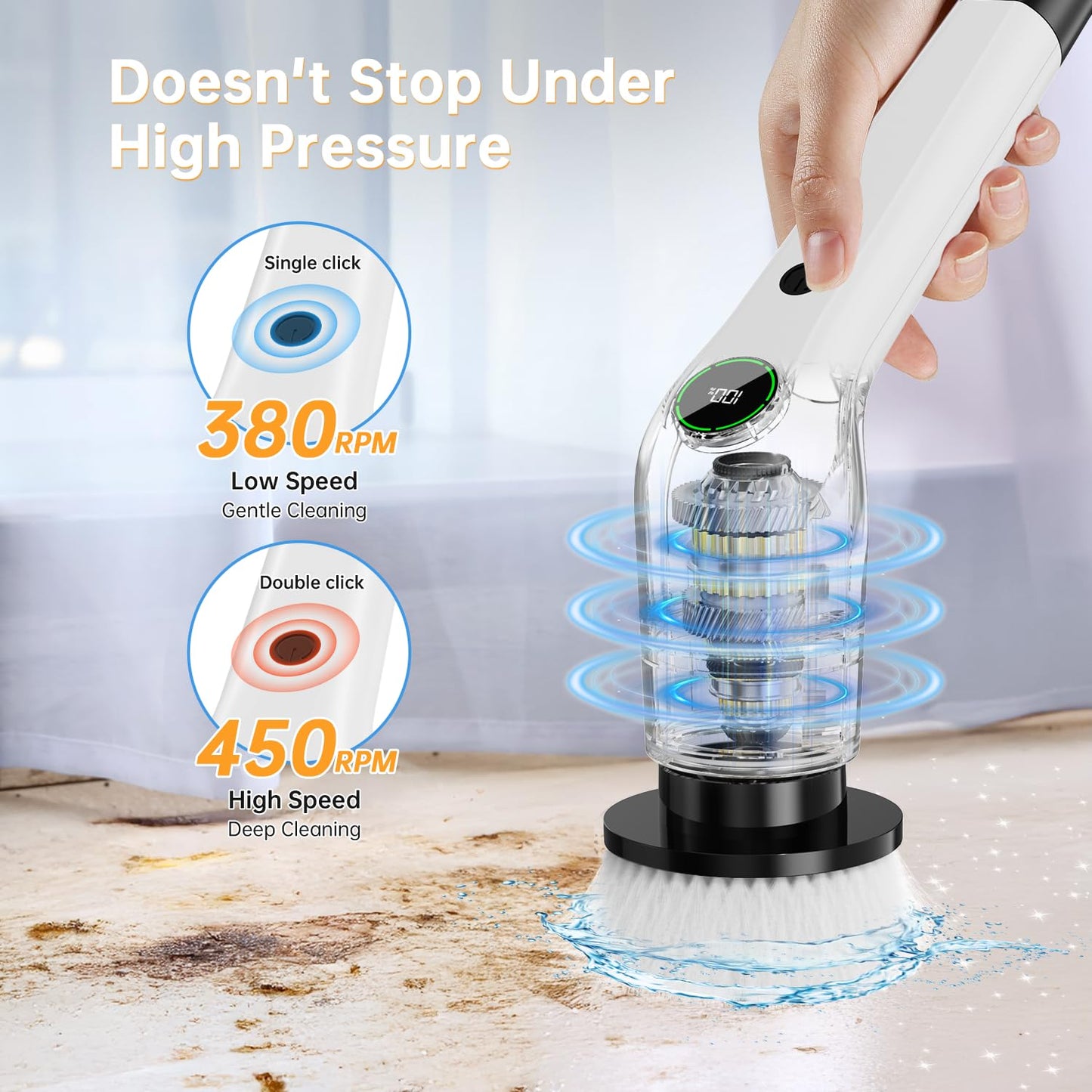 PUFTEM Electric Spin Scrubber, Cordless Shower Scrubber with 8 Scrub Brush, 2 Speed with Adjustable Extension Handle, Battery Level Display, Power Scrubber for Bathroom Bathtub Tile Floor, Black