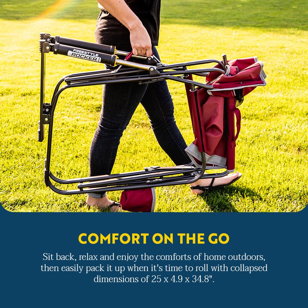 GCI OUTDOOR Freestyle Rocker Camping Chair | Portable Folding Rocking Chair with Solid, Durable Armrests, Drink Holder & Comfortable Backrest — Grey