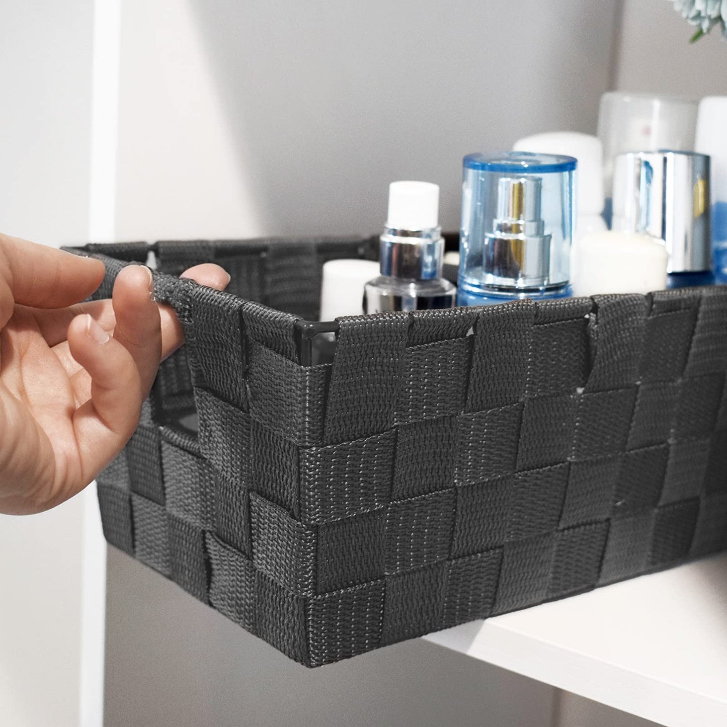 homyfort Woven Shelf Storage Tote Basket Bins Container, Storage Boxes Cube Organizer with Built-in Handles for Bedroom, Office, Closet, Clothes, Kids Room, Nursery 3pk(Grey)