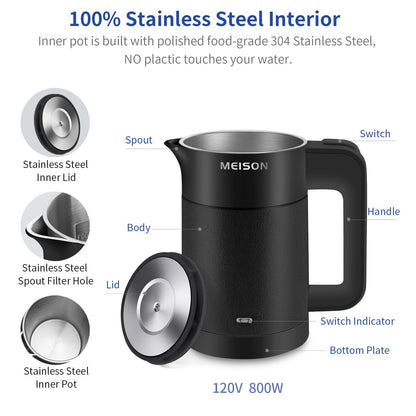 0.6L Small Electric Kettles Stainless Steel, Travel Mini Hot Water Boiler Heater, Double Wall Cool Touch Portable Teapot, Auto Shut-Off & Boil-Dry Protection, 120V/800W, 2 Year Warranty (Black)