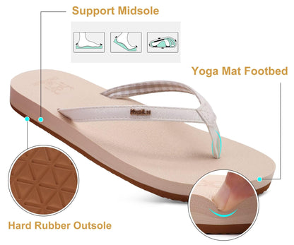 KuaiLu Womens Arch Support Flip Flops Comfortable Yoga Mat Slip on Leather Walking Thong Cushion Sandals Summer Beach Orthotic Slides Travel Essentials Indoor Outdoor Slippers Shoes Beige Size 5