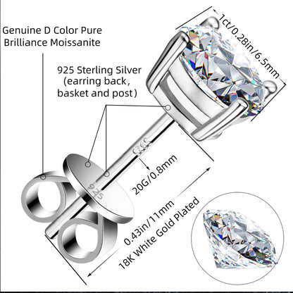 Moissanite Stud Earrings 2.0CT D Color,GRA 925 Sterling Silver Earrings for Men 18K White Gold Plating Earrings for Women,wedding earrings(1.0ct*2)