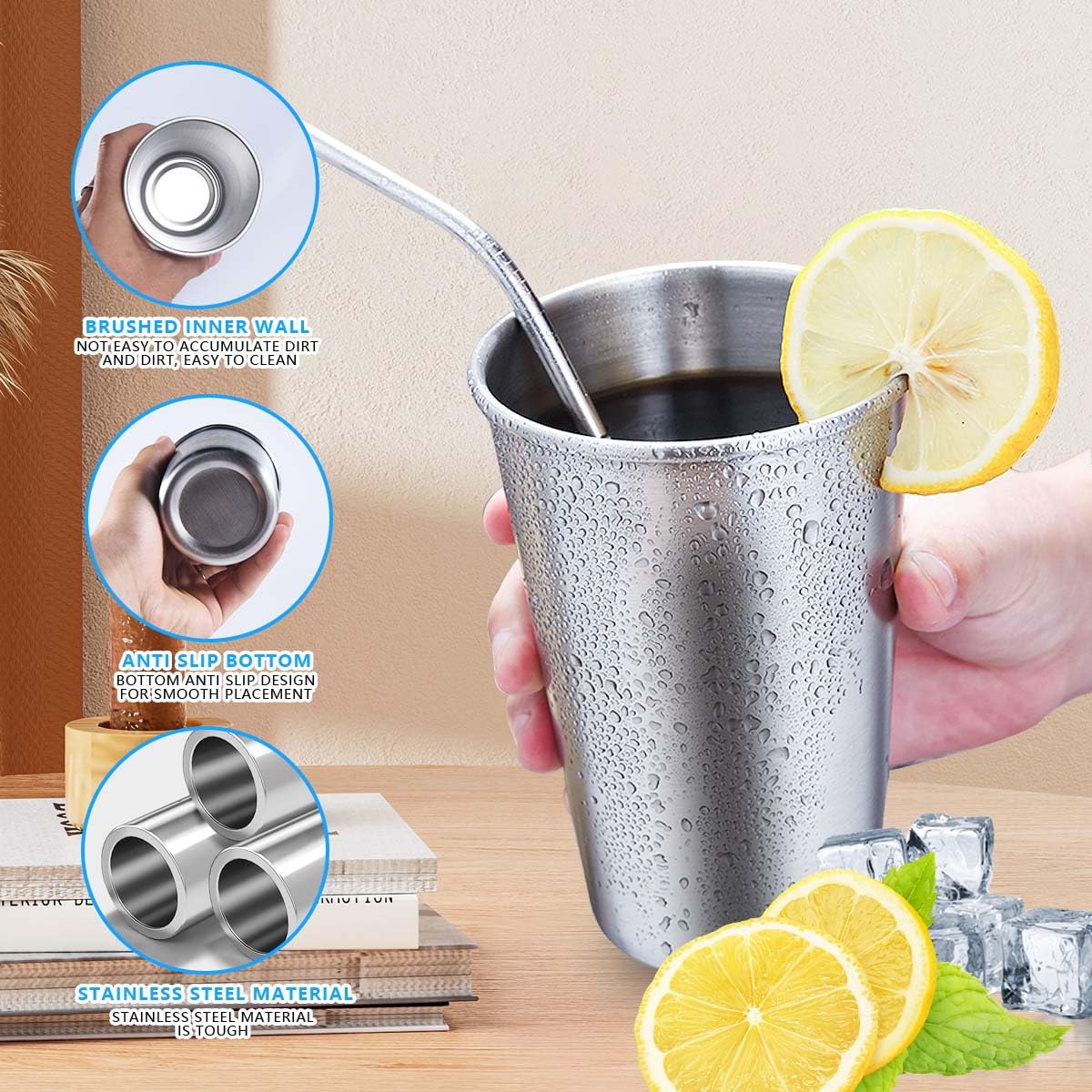 KISEER 5 Pack 16 Ounce Stainless Steel Pint Cups Shatterproof Cup Tumblers Unbreakable Metal Drinking Glasses for Bar, Home, Restaurant