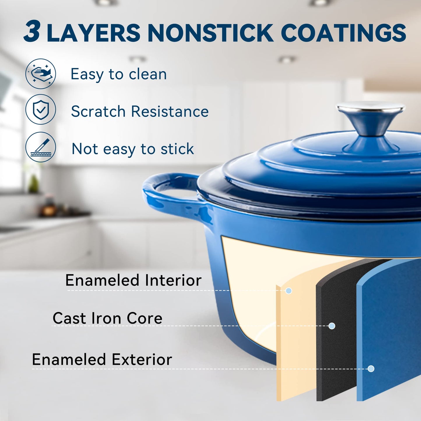 Miereirl 6 Quart Enameled Dutch Oven Pot with Lid, Cast Iron Dutch Oven with Dual Handles for Bread Baking, Cooking, Non-stick Enamel Coated Cookware (Dark Blue)