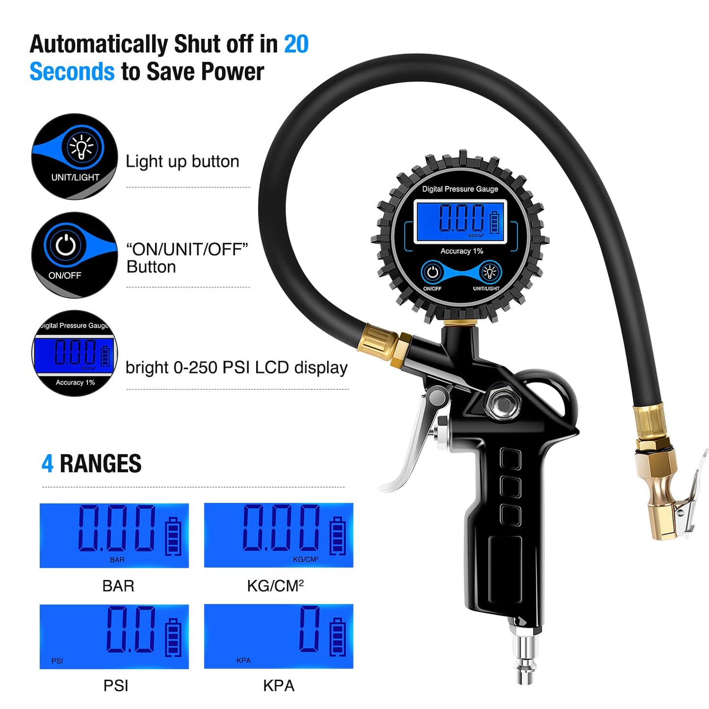 Nilight 50026R Digital Tire Inflator Pressure Gauge,250 PSI Air Chuck and Compressor Accessories Heavy Duty with Rubber Hose Quick Connect Coupler for 0.1 Display Resolution