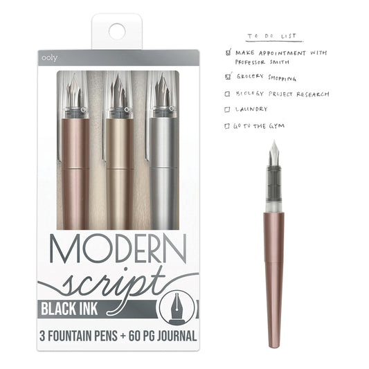 Ooly Modern Script Set - 3 Black Ink Fountain Pens with a 60 Page Journal, Pens are in Metallic Gold, Rose Gold and Silver, Refillable Cartridges - Back to School Supplies