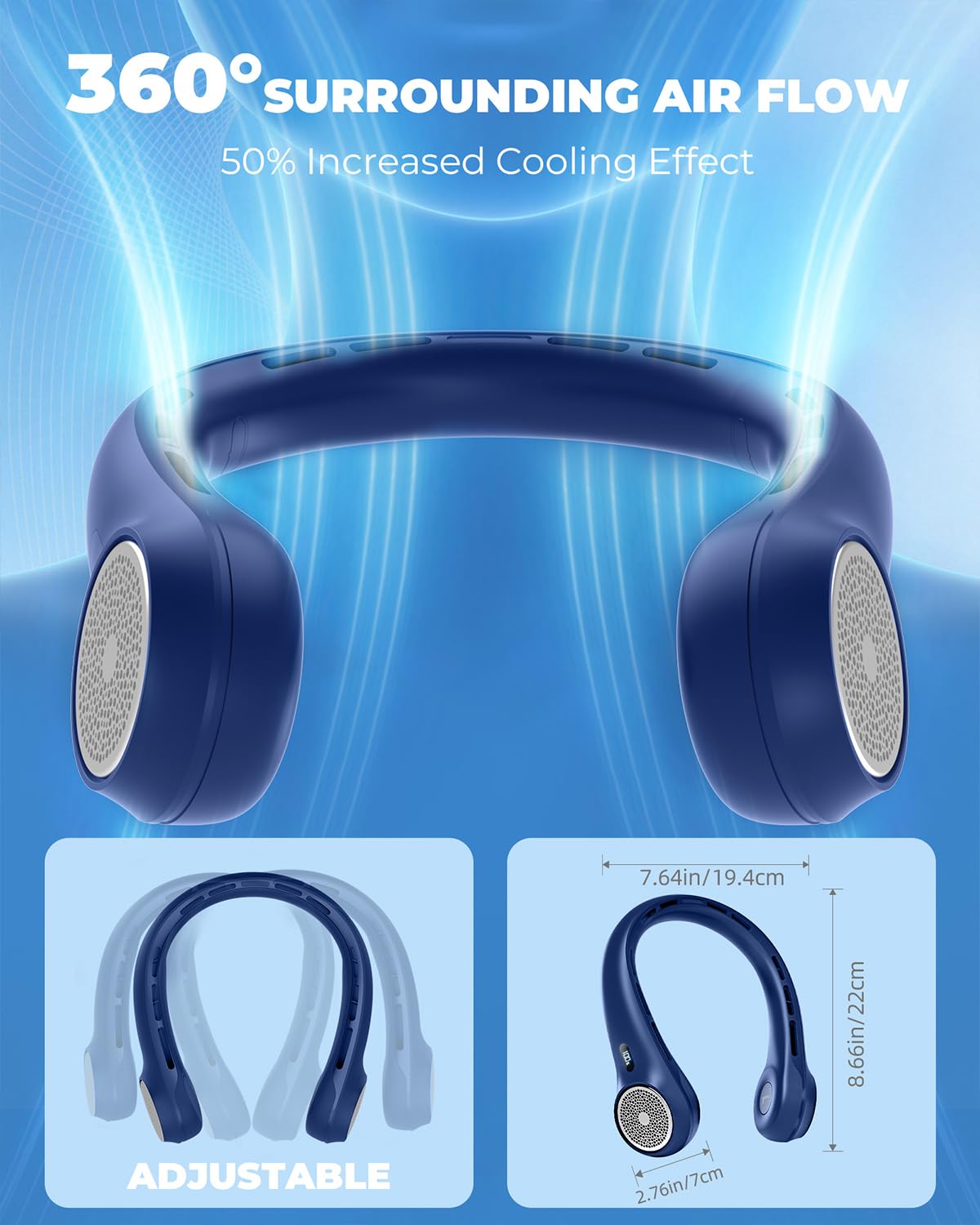 Hssio Portable Neck Fan, 4000mAh Rechargeable Bladeless Cooling Fan with 360° Airflow, 3-Speed Personal Cooler for Women Mom, Stylish Gift for Travel, Gym, Office, Blue