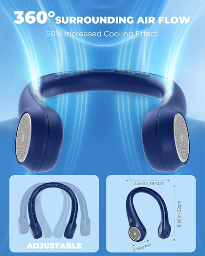 Hssio Portable Neck Fan, 4000mAh Rechargeable Bladeless Cooling Fan with 360° Airflow, 3-Speed Personal Cooler for Women Mom, Stylish Gift for Travel, Gym, Office, Blue