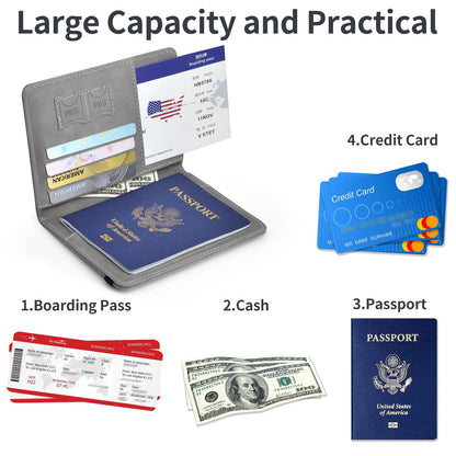 Passport Holder, Passport Cover with Credit Card Slot and Boarding Pass Slot Combo, Passport Wallet Case Book Travel Must Have, RFID Blocking Leather Travel Accessories, Grey