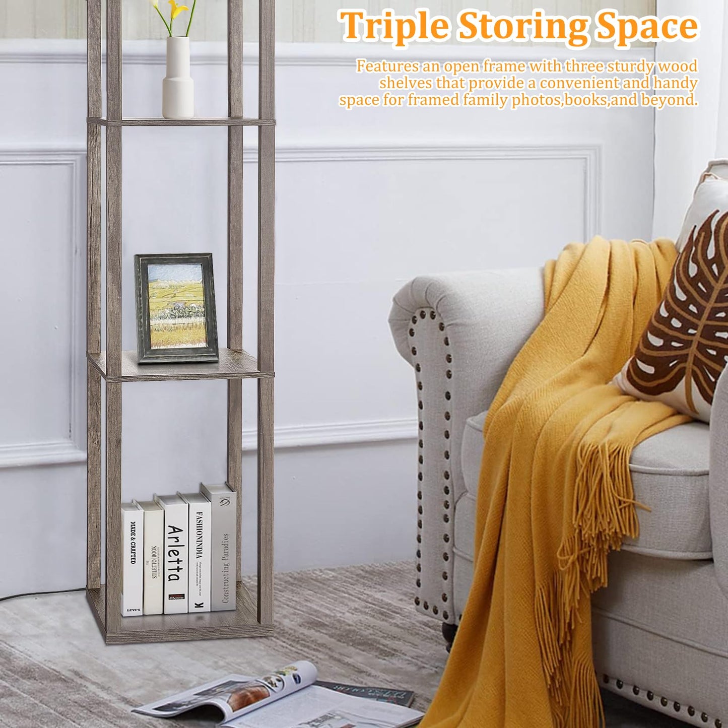 Floor Lamp with Shelves，Wood Corner Floor Lamps for living room tables with 3 CCT LED Bulb,Modern Display Bookshelf Nightstand Lamps,Column Standing Lamp for Bedroom Office Home Decor-Rustic Wood