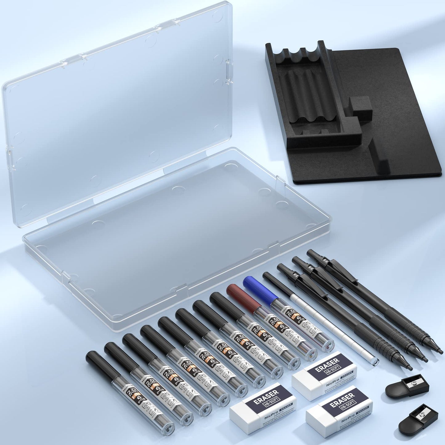 Nicpro Black Metal 2.0 Mechanical Pencil Set with Case, 3 PCS Drafting Lead Holder with 2mm Graphite Lead Refill (HB 2H 4H 2B 4B) & Colors, Sharpeners, Erasers for Artist Writing, Drawing, Sketching