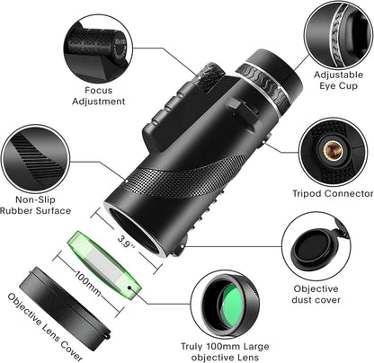 Monocular-Telescope 80x100 High Powered Monoculars High Definition for Adults High Powered with Smartphone Adapter Telescope Hunting Wildlife Bird Watching Travel Camping Hiking-Black