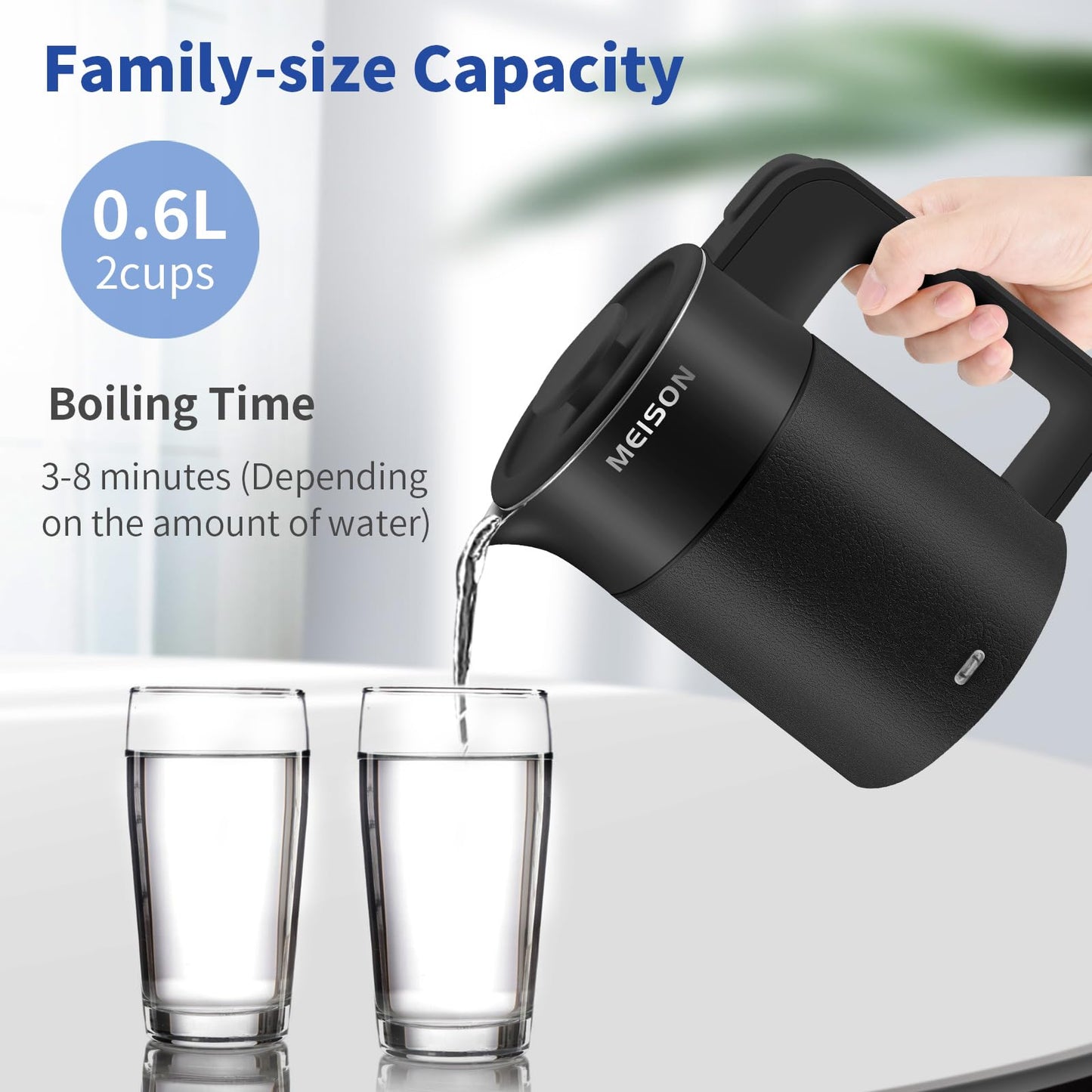 0.6L Small Electric Kettles Stainless Steel, Travel Mini Hot Water Boiler Heater, Double Wall Cool Touch Portable Teapot, Auto Shut-Off & Boil-Dry Protection, 120V/800W, 2 Year Warranty (Black)