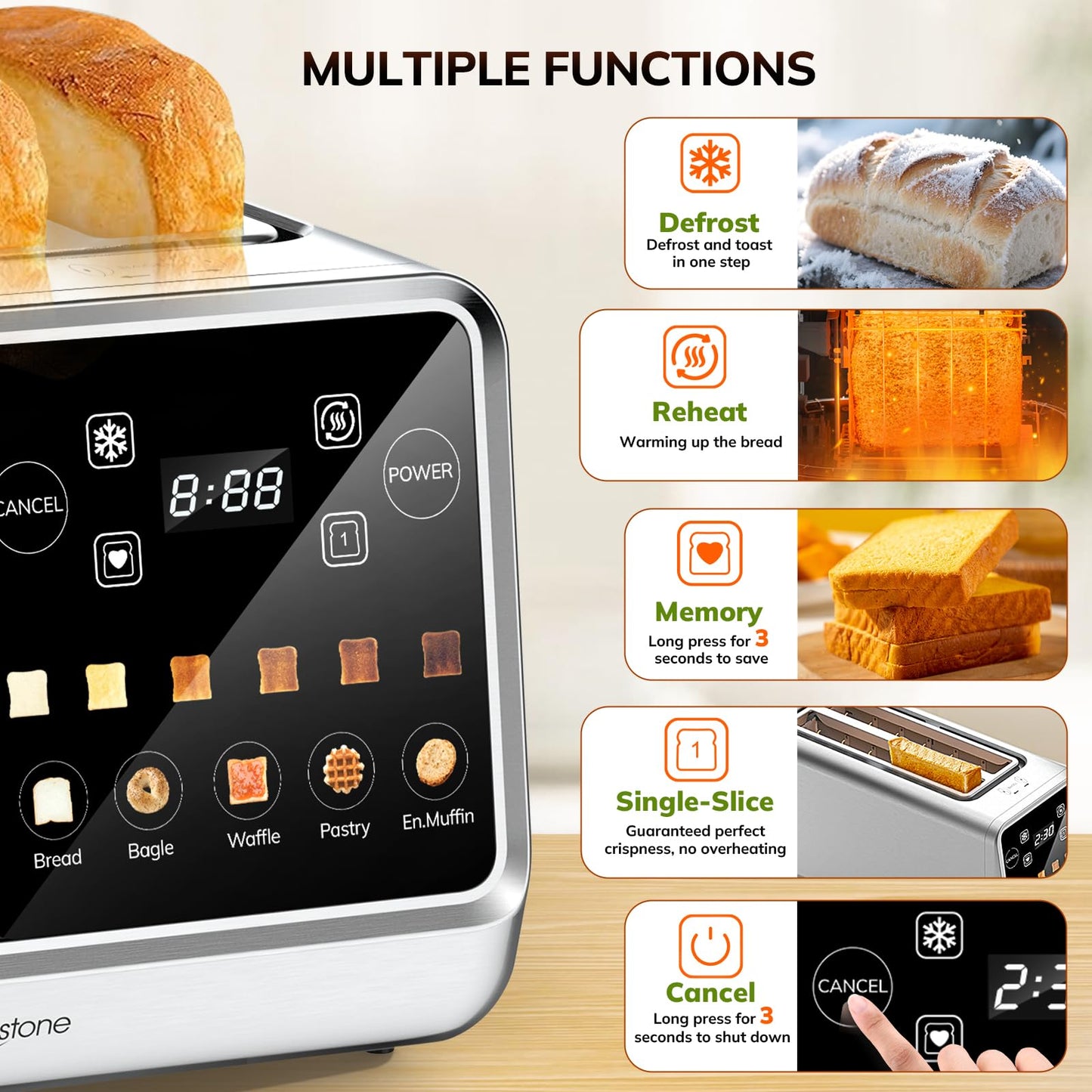 Keenstone Toaster 4 Slice, Digital Smart Toaster with TouchScreen, Memory Function, Single Slot Toasting, Timer, Reheat & Defrost for Bagels, Bread, Waffles, Muffin, Stainless Steel Kitchen Essentials