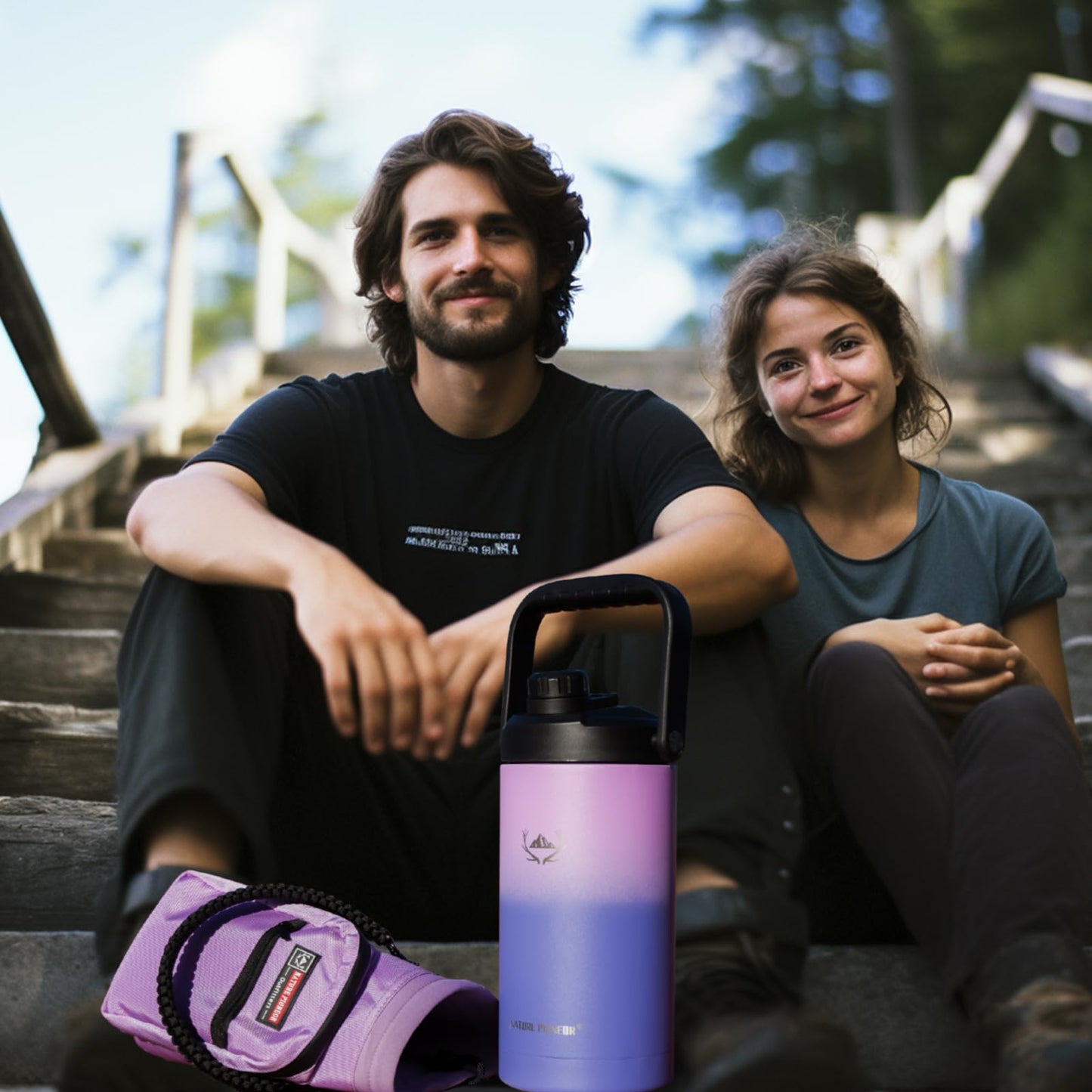 NATURE PIONEOR Insulated Water Bottles with Strap - 64 oz Stainless Steel Vacuum Wide Mouth Bottle with Holder/Carrier/Sleeve - 18/8 Food Grade 64oz Half Gallon Water Jug