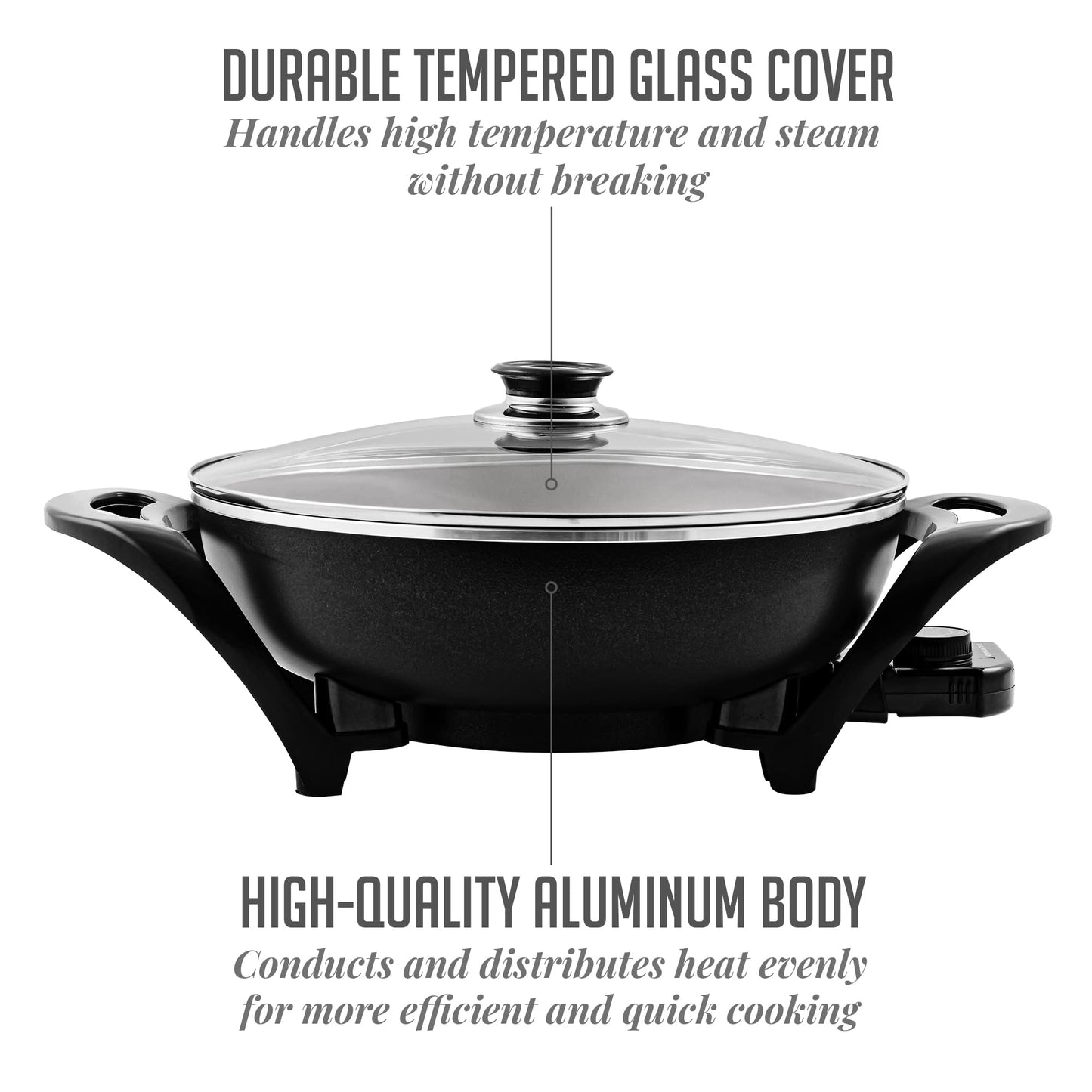 OVENTE Electric Wok with Nonstick Coating, 13 Inch Family-Sized Skillet, 1400W Power, Adjustable Temperature, Tempered Glass Lid, Cool Touch Handles and Easy to Clean Frying Surface, Black SK3113B