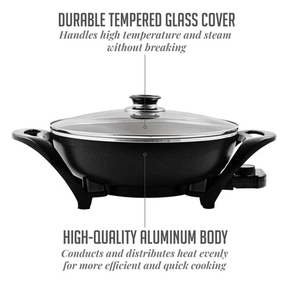 OVENTE Electric Wok with Nonstick Coating, 13 Inch Family-Sized Skillet, 1400W Power, Adjustable Temperature, Tempered Glass Lid, Cool Touch Handles and Easy to Clean Frying Surface, Black SK3113B