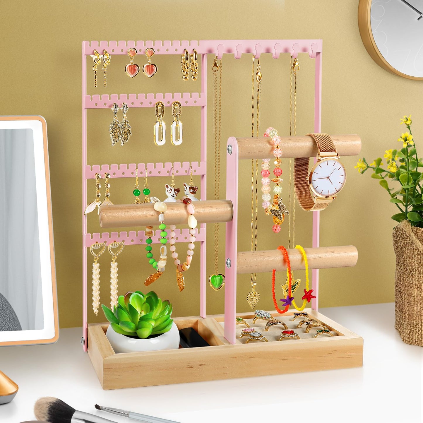 Godboat Jewelry Organizer - Earring Holder with 48 Holes, 6 Hooks Necklace Organizer, Bracelet and Ring Stand with Jewelry Box, Mothers Day Gifts for Women, Mom, Preppy Stuff & Room Decor, Pink