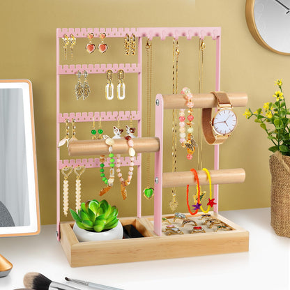 Godboat Jewelry Organizer - Earring Holder with 48 Holes, 6 Hooks Necklace Organizer, Bracelet and Ring Stand with Jewelry Box, Mothers Day Gifts for Women, Mom, Preppy Stuff & Room Decor, Pink