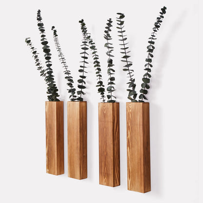 Mokof 4-Pack Wood Wall Planters for Fake Plants and Dried Flowers Stems, 12" Slim Modern Wooden Vases Wall Decor for Living Room, Bedroom, Bathroom, Apartment