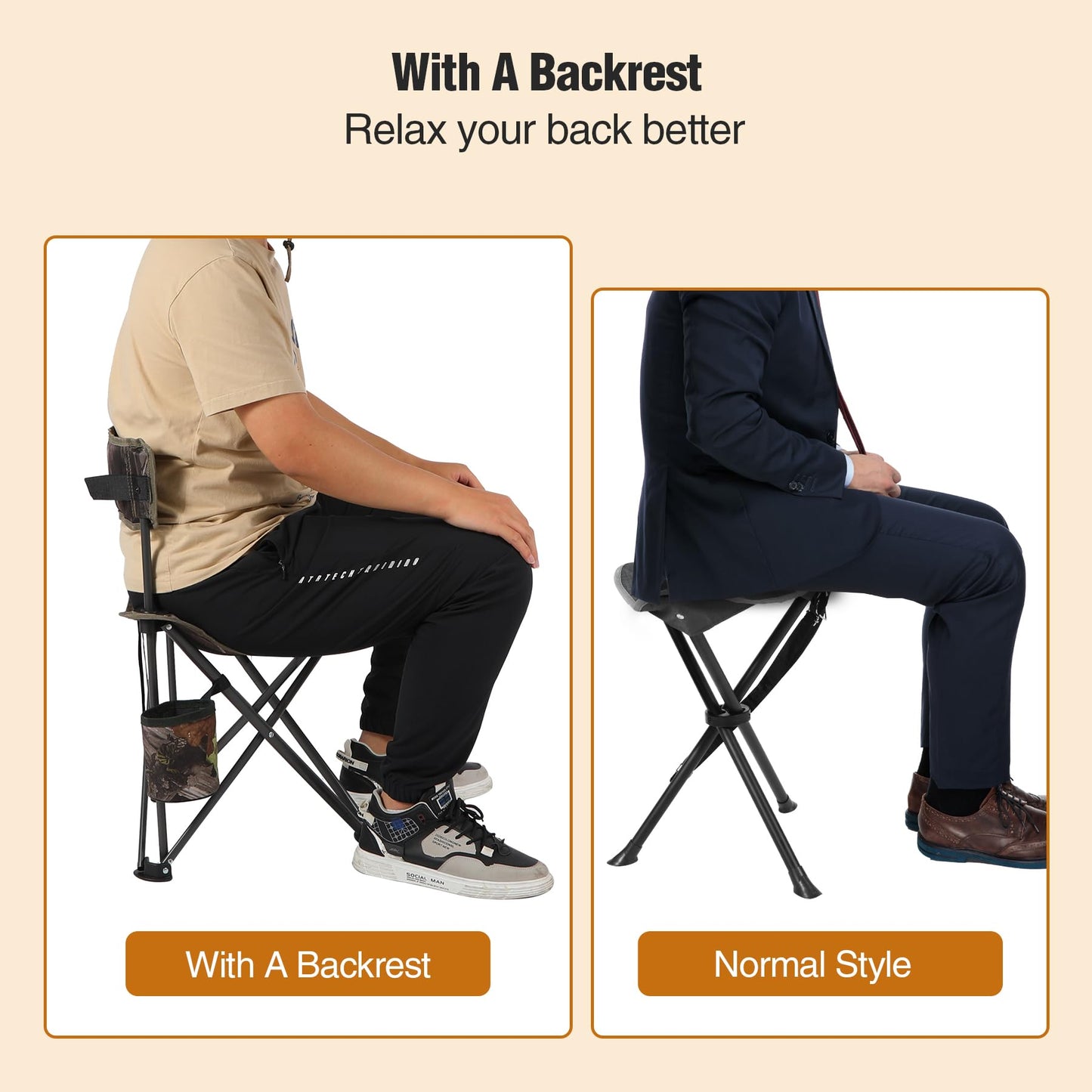 REDCAMP 2 Pack Tripod Hunting Chairs for Blinds, Folding Lightweight Portable Fishing Chair for Adults Hunting Stools with Backrest, Golf Chairs for Spectators, Camo