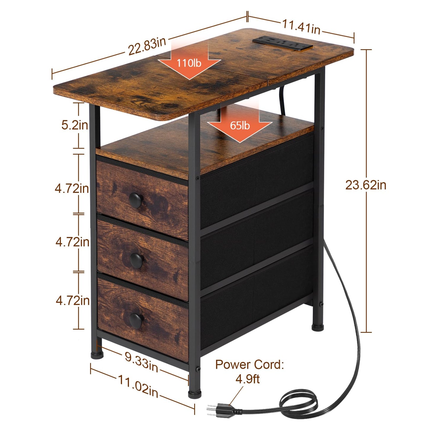 AMHANCIBLE End Tables Living Room with Charging Station, Narrow Side Table with USB Ports and Outlets, Slim Nightstand with 3 Fabric Drawers for Bedroom, Small Space, Rustic Brown, HETN013BR-1