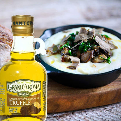 Mantova Grand’Aroma Truffle Flavored Extra Virgin Olive Oil, made in Italy, cold-pressed, 100% natural, heart-healthy cooking oil perfect for salad dressing, pasta, garlic bread, meats, or pan frying, 8.5 oz