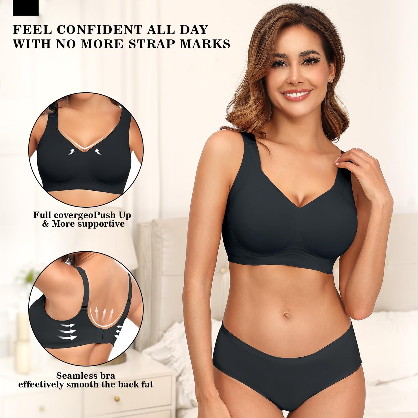 PoseFree Wireless Bras with Support and Lift Wirefree Bras Lift Sagging Breasts Bralette Push Up Seamless Sleep Bra (Black,L)
