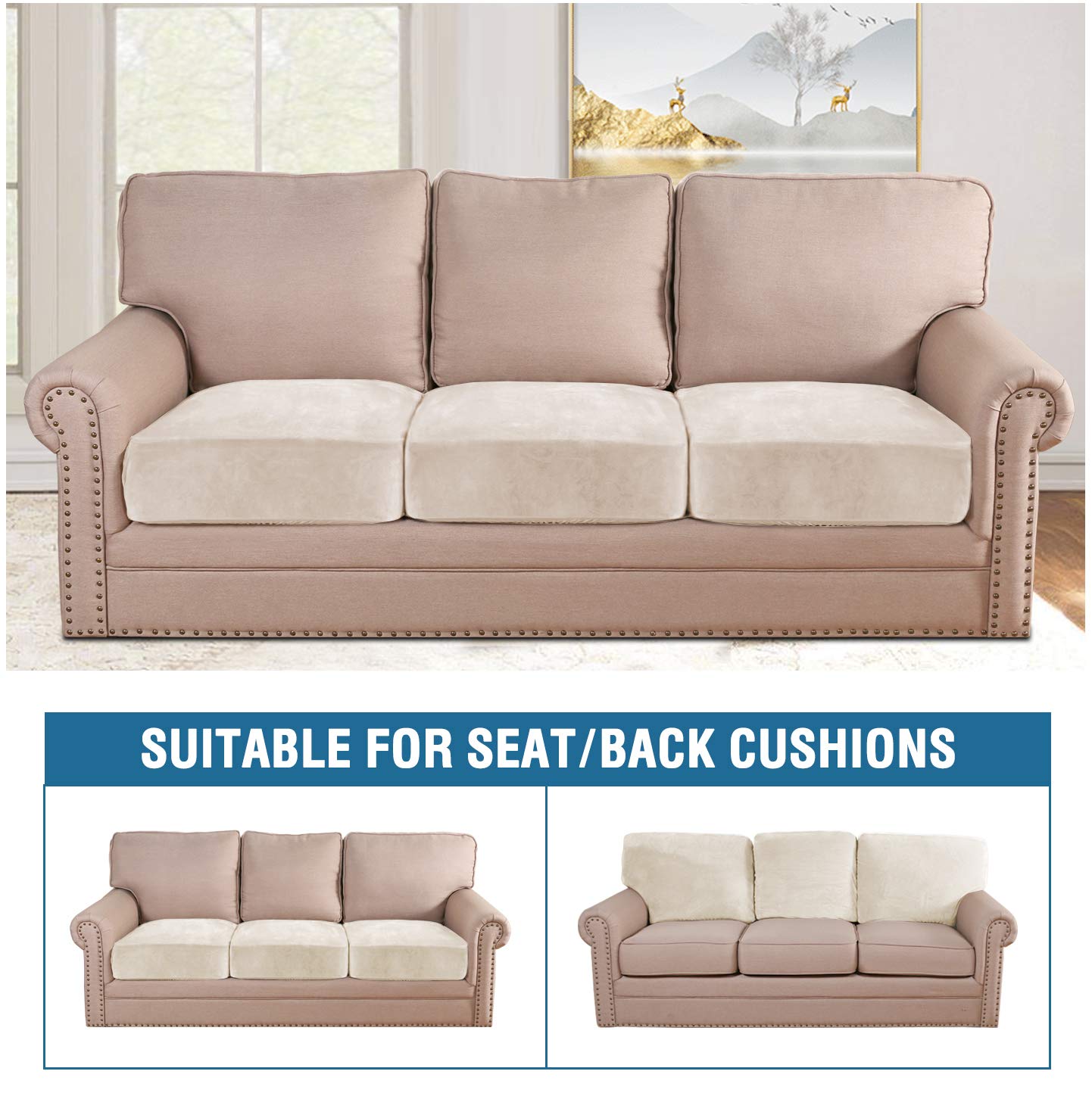 H.VERSAILTEX Velvet Stretch Couch Cushion Cover Plush Cushion Slipcover for Chair Loveseat Sofa Cushion Furniture Protector Seat Cushion Sofa Cover (3 Piece Sofa Cushion Covers, Ivory)