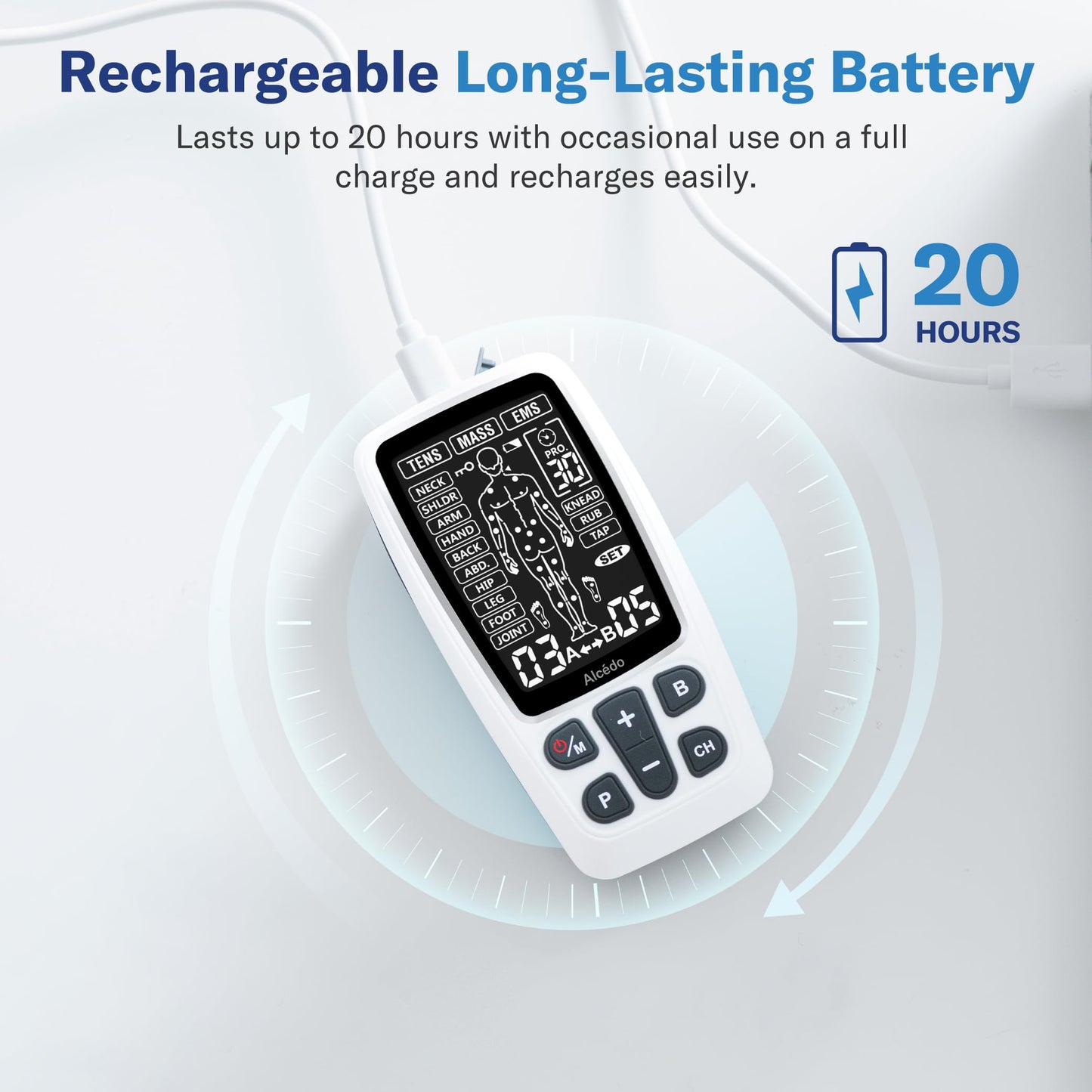 Alcedo TENS Unit + EMS Combination Machine Muscle Stimulator for Pain Relief, Electric Rechargeable Pulse Massager with 41 Modes for Back/Neck Pain Therapy