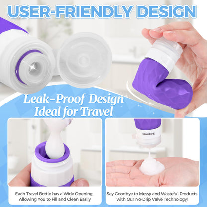 16Pack Travel Bottles for Toiletries, TSA Approved Travel Size Toiletries Containers Set, Silicone Leak Proof Refillable Bottles Elastic Sleeves Creams Jars Accessories Kit W/Clear Bag (Purple)