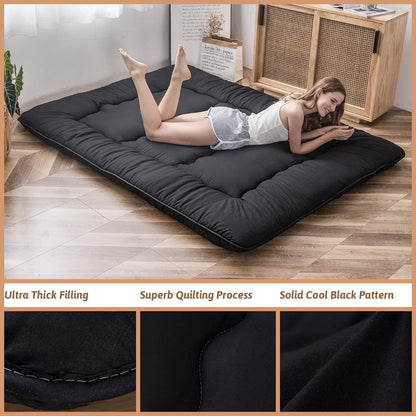 MAXYOYO Japanese Floor Mattress Futon Mattress, 4" Thicken Tatami Mat Sleeping Pad Foldable Roll Up Mat Boys Girls Dormitory Pad Kids Floor Lounger Pillow Bed, Black, Full