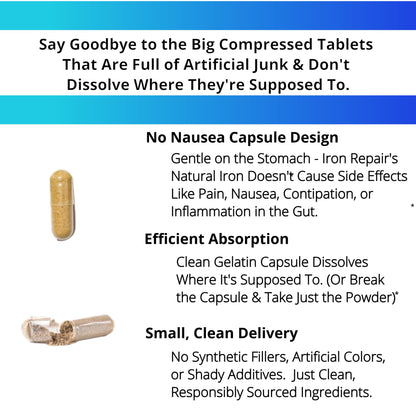 Iron Repair Simply Natural Iron Supplement, Best Absorption & Gentle on Stomach, Monash Low FODMAP, Raise Hemoglobin & Ferritin Iron Pills for Women, Men, Teens, & Pregnancy 90 Bovine Gelatin Capsules