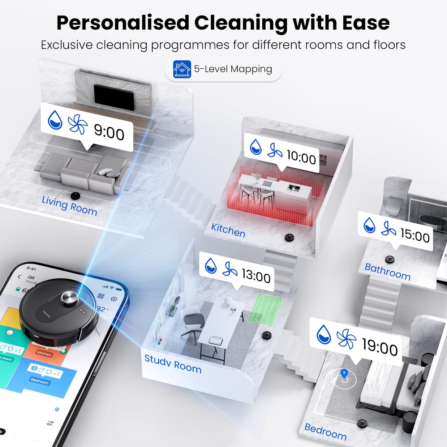Proscenic Q8 Max Robot Vacuum Mop with Self-Empty Station, 6000Pa 200Min Robotic Vacuum with Lidar Navigation, 5 Real-Time Mapping, WiFi/Alexa/APP Remote Control Robot Hoover for Floor Carpet Pet Hair