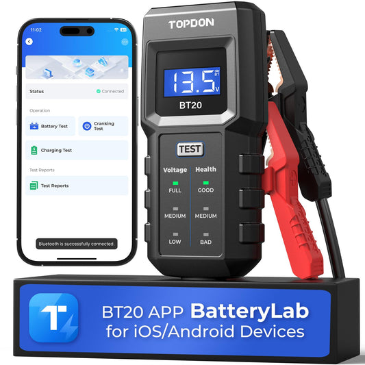 12V Car Battery Tester, TOPDON BT20 Battery Load Tester 100-2000CCA, Cranking&Charging Test via App, Record Voltage History, Automotive Battery Analyzer&Checker for Car Truck SUV Boat