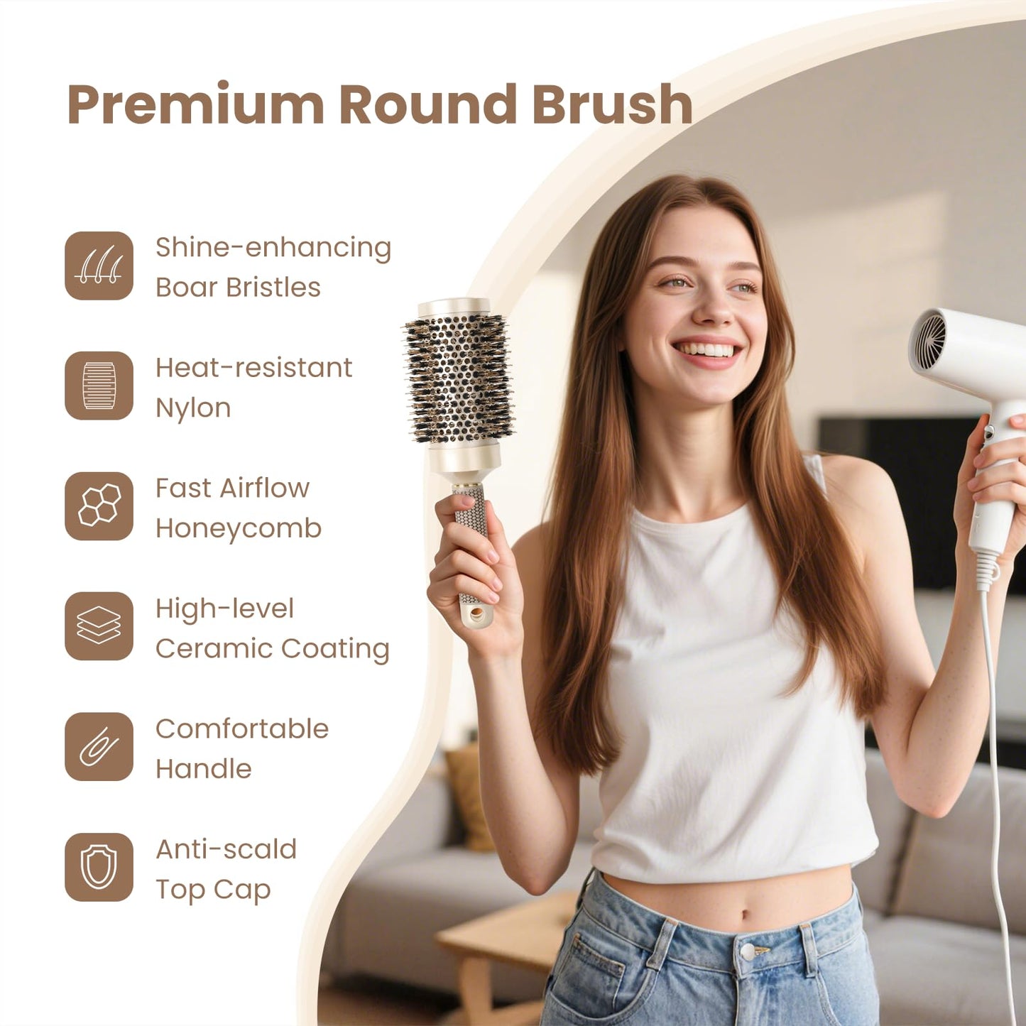 AIMIKE Round Hair Brush, Nano Thermal Ceramic & Ionic Tech, 2.1 Inch Barrel with Boar Bristles for Enhanced Texture, Golden, Hair Drying, Styling, Curling and Shine + 4 Free Clips