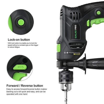 GALAX PRO 5Amp 1/2-inch Hammer Drill with 105pcs Accessories, Variable Speed 0-3000, Hammer and Drill 2 Functions in 1, 360°Rotating Handle, Depth Gauge, Carrying Case Included