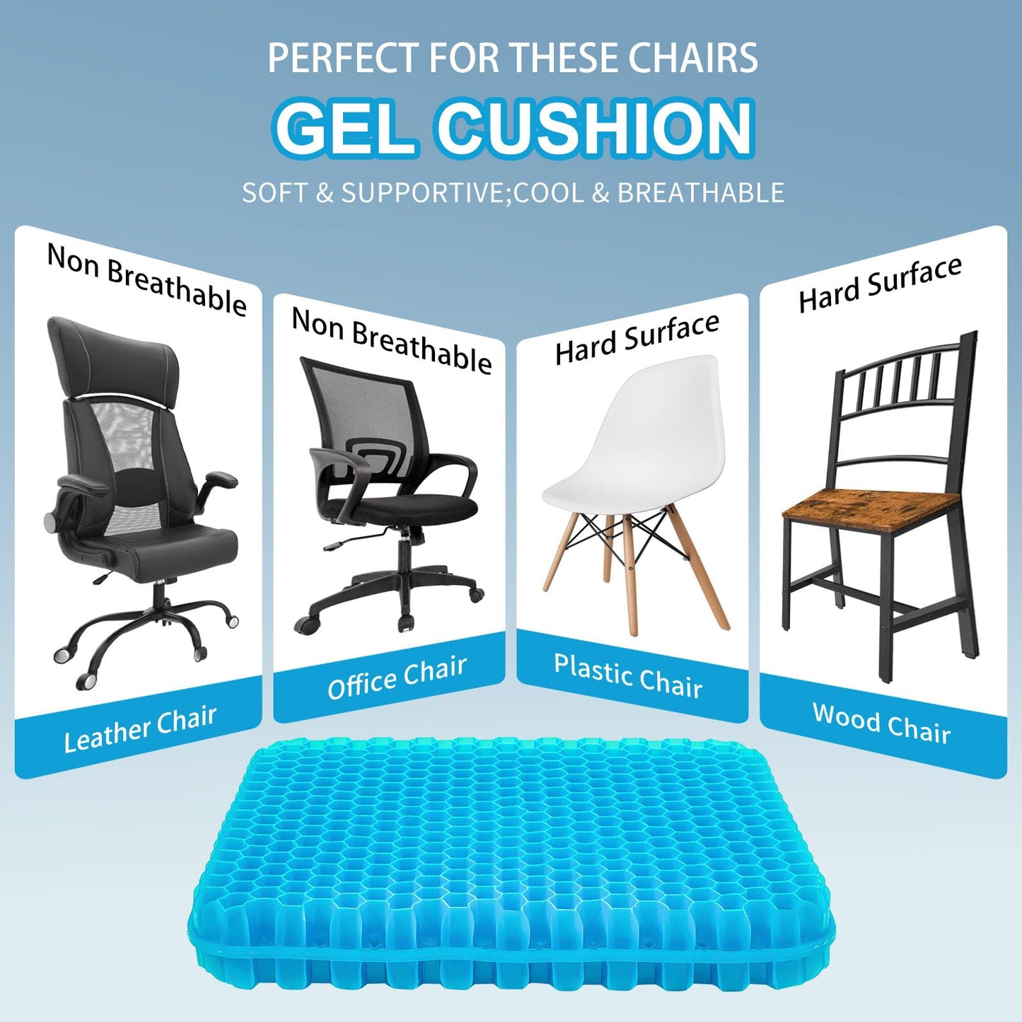 Gel Seat Cushion for Long Sitting - 16.5" x 14.5" x 2.4" (Extra Thick＆Soft) Gel Cushion for People Over 180 lbs, Pressure Relief Cushion for Office Chair, Egg Cushions for Wheelchair, Gel Pad for Car