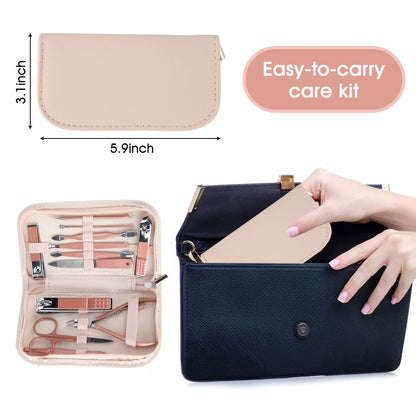Nail Clippers and Beauty Tool Portable Set Manicure Set 12 in 1, with Pink Leather Bag, Suitable for Home, Workplace, Outdoor Travel, Gift Giving, Salon